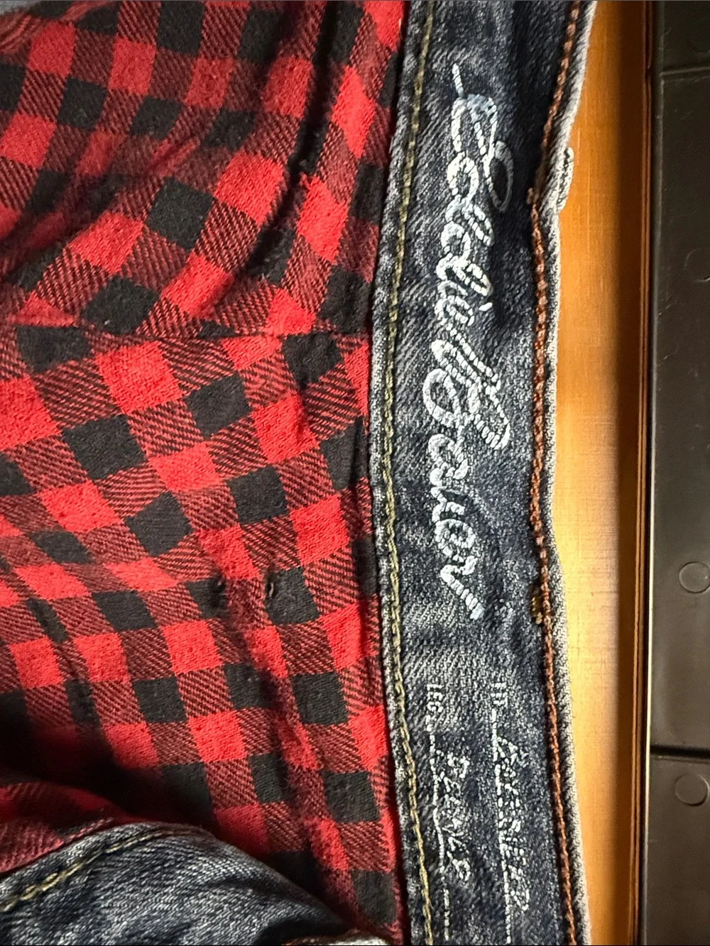 Eddie Bauer Men's Blue Denim Jeans with Red Plaid Lining 40x32 relaxed fit